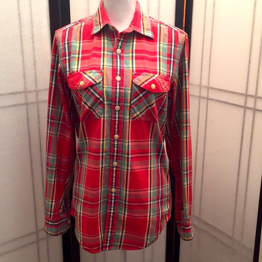 Original Farmstead Vintage Washed Flannel Plaid Button Down Shirt Red & Green